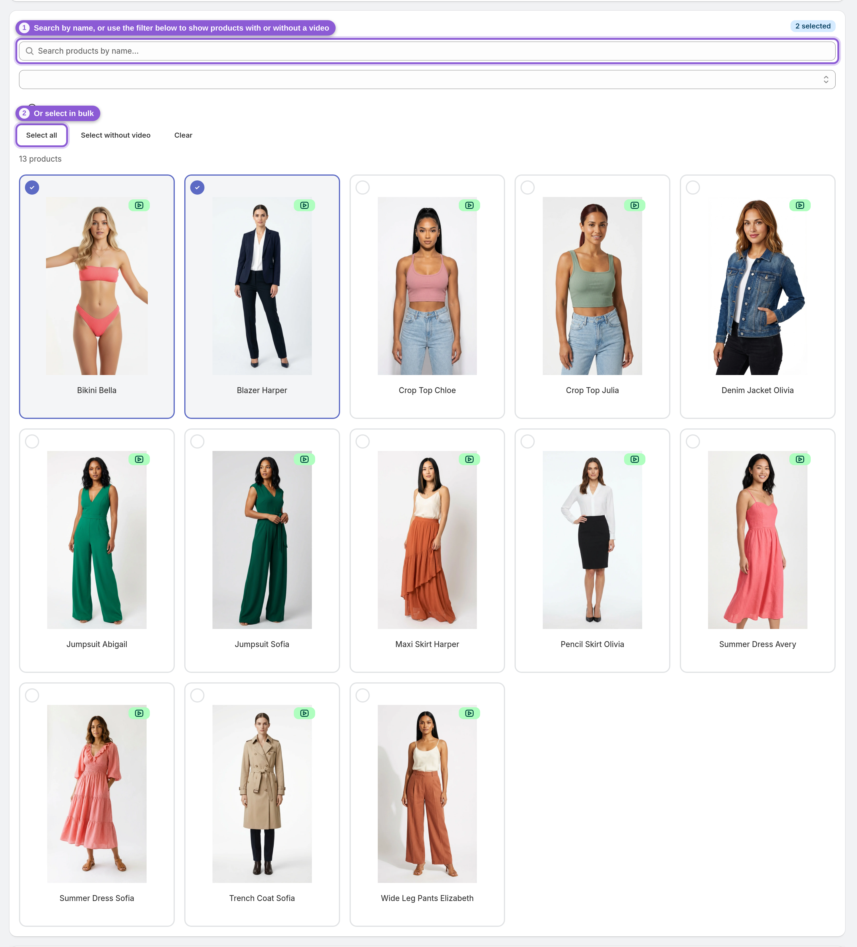Pick the products you want videos for — #productSearch, #selectAllBtn highlighted