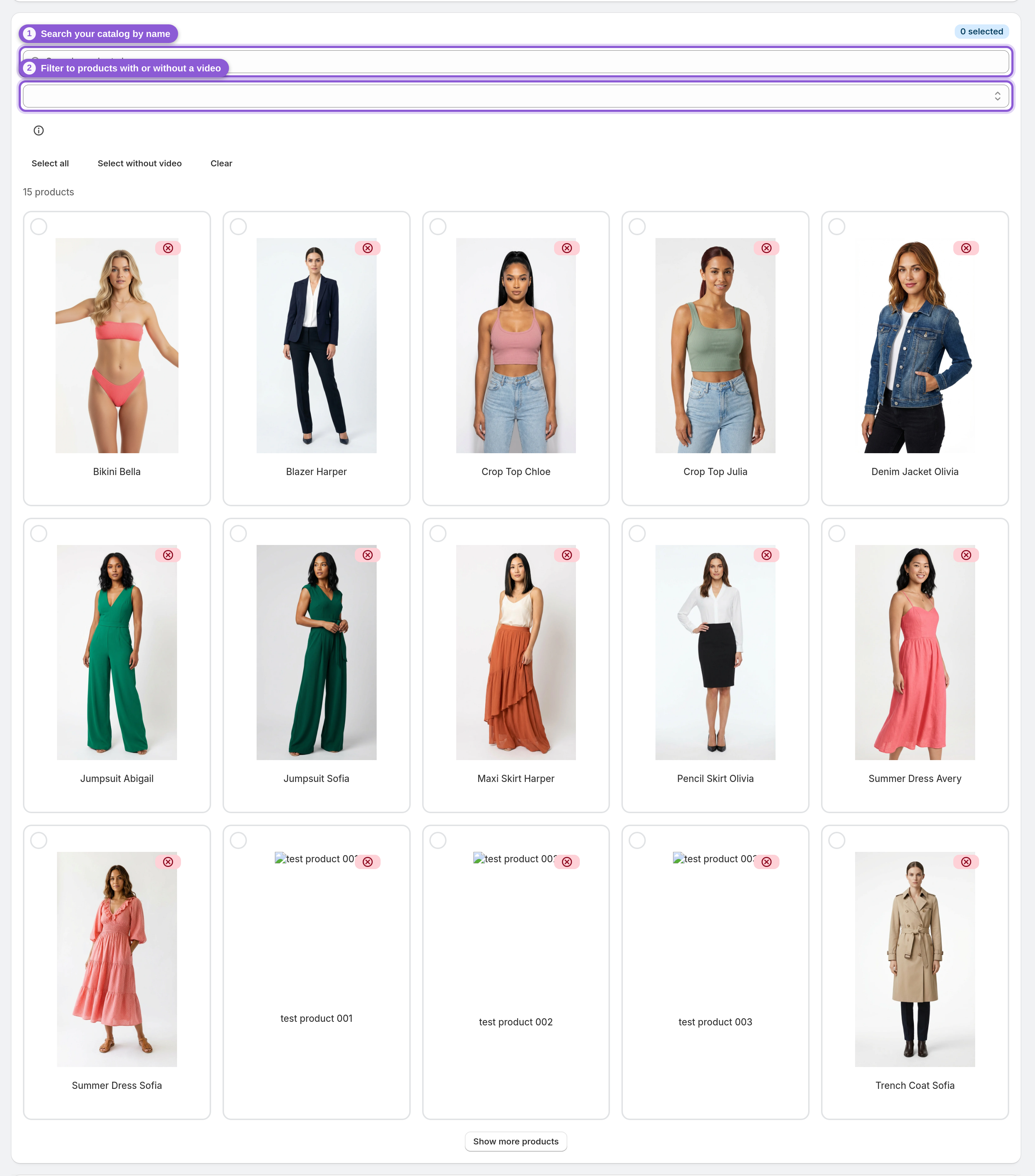 Find the products you want videos for — #productSearch, #productFilter highlighted