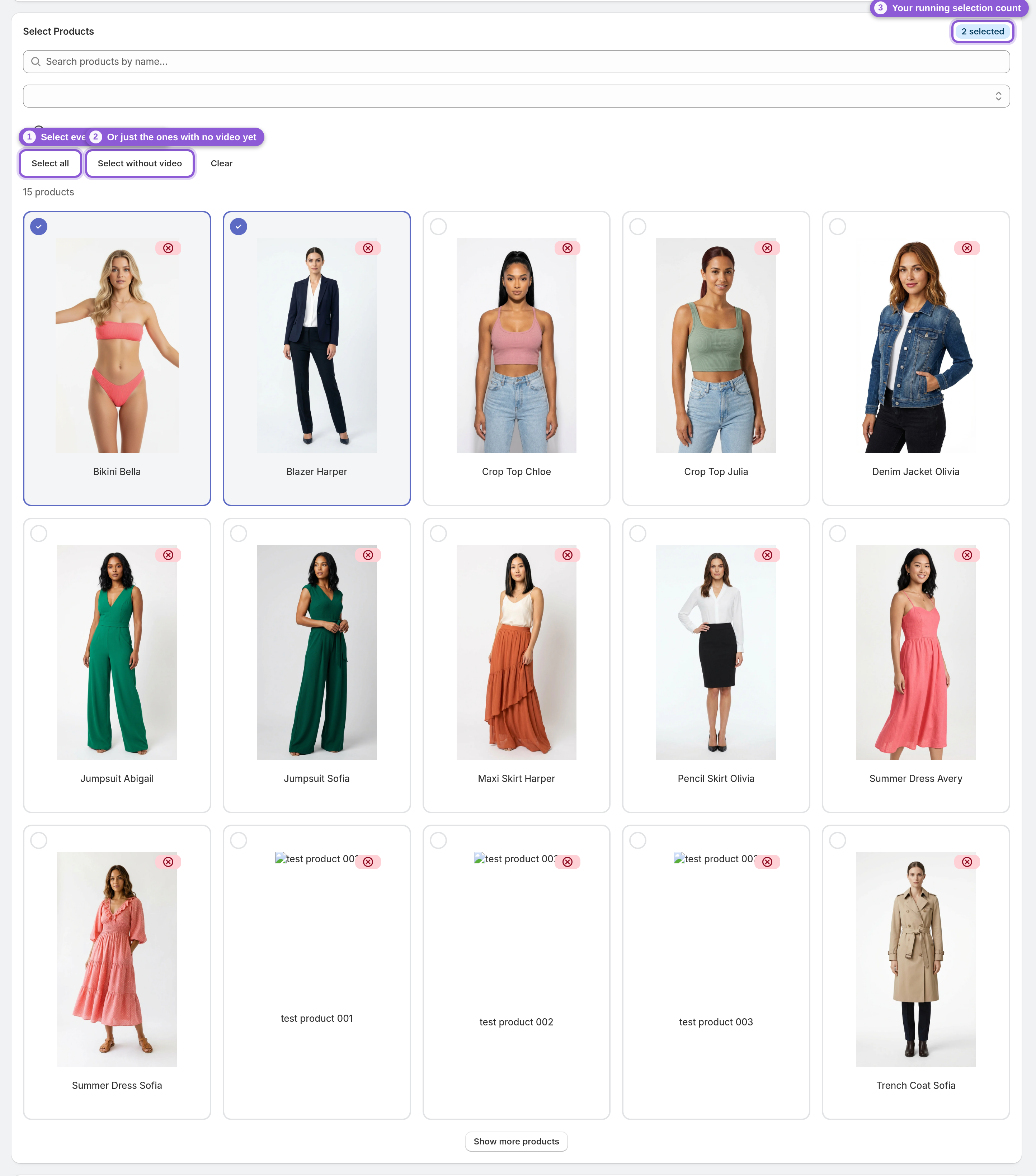 Select one or more products — #selectAllBtn, #selectWithoutVideoBtn highlighted
