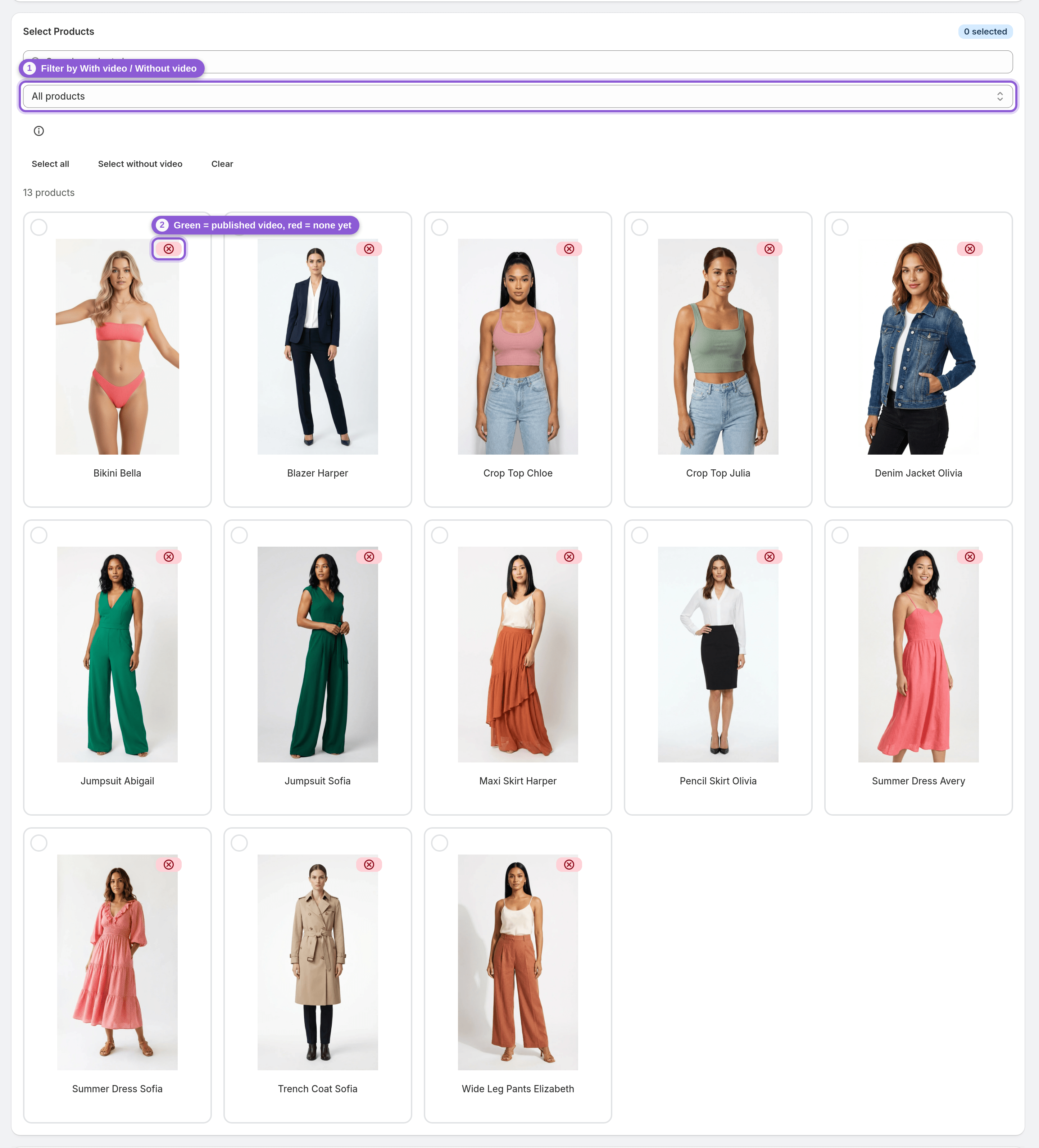 Confirm the video is published in Mia — #productFilter, .product-card s-badge highlighted