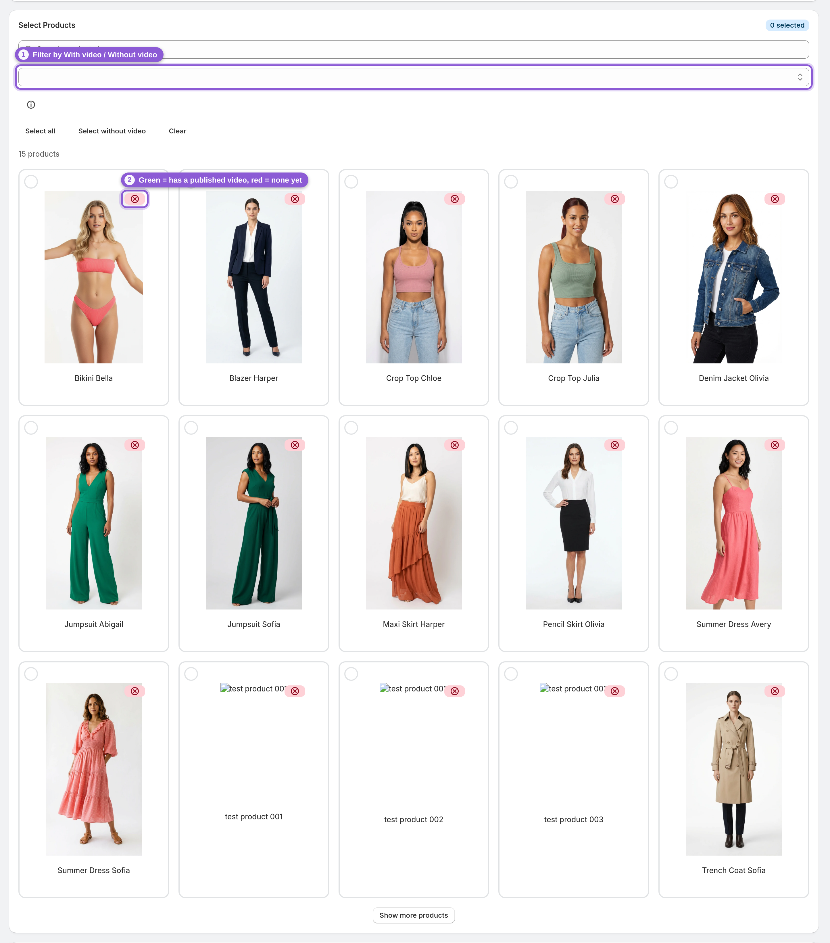 See which products already have a video — #productFilter highlighted
